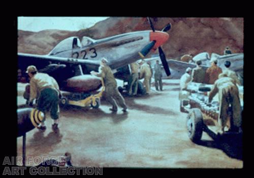 ARMAMENT CREWS LOADING F-51S OF THE 18TH F-B WING